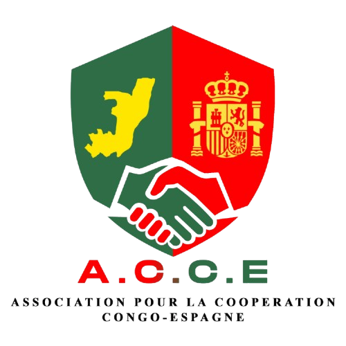Logo de l'Association pour la Coopération Congo-Espagne (A.C.C.E.) représentant un écu divisé avec la carte du Congo et les armoiries de l'Espagne, surmontant une poignée de main fraternelle.